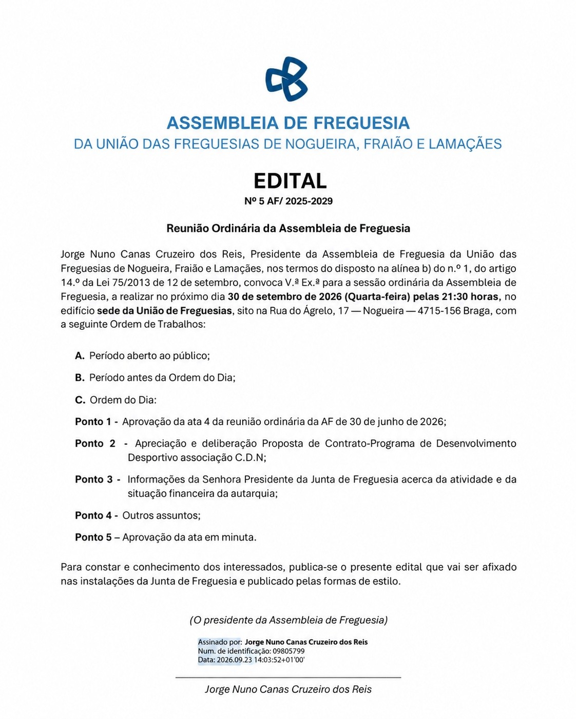 Reunião Ordinária da Assembleia de Freguesia